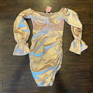 Prettylittlething dusty pink Bardot satin mesh insert ruched body on dress size